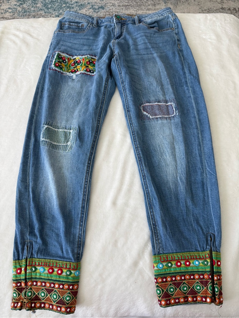 Desigual Ethnic Embroidered Jeans Boho Patchwork Denim 30 Hippie Zip Ankle D86